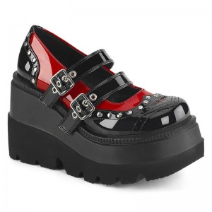 Demonia Shaker 27 Wedge Platform Double Buckle Strap Wingtip Naisten Mary Janes Mustat Punainen Suomi | WQ0-10701Q9