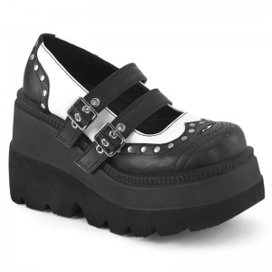 Demonia Shaker 27 Wedge Platform Double Buckle Strap Wingtip Naisten Mary Janes Mustat Valkoinen Suomi | KM8-20482P3