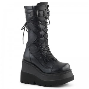 Demonia Shaker 70 Wedge Platform Lace Up Naisten Mid Saappaat Mustat Suomi | FG8-38563O1