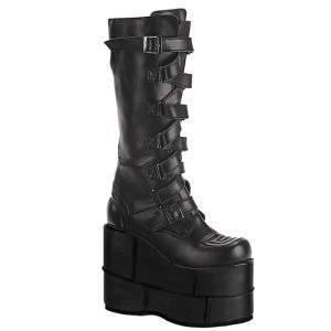 Demonia Stack 308 Platform Goth Cyber Gogo Punk Zig Zag Strap Naisten Korkeat Saappaat Mustat Suomi | QG8-26092Y4