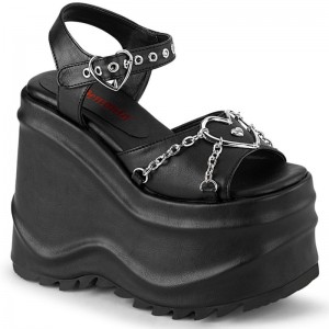 Demonia Wave 09 Wedge Platform Heart Buckle Ankle Strap Naisten Sandaalit Mustat Mustat Suomi | OR6-27202Y8