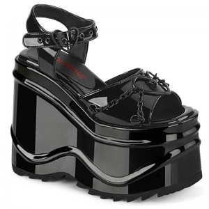 Demonia Wave 09 Wedge Platform Heart Buckle Ankle Strap Naisten Sandaalit Mustat Suomi | BN1-24902T8