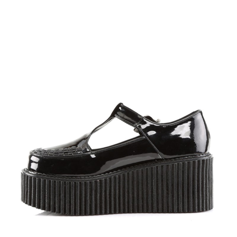 Demonia Creeper 214 Platform T-Strap Naisten Creepers Mustat Suomi | UQ9-10051R1