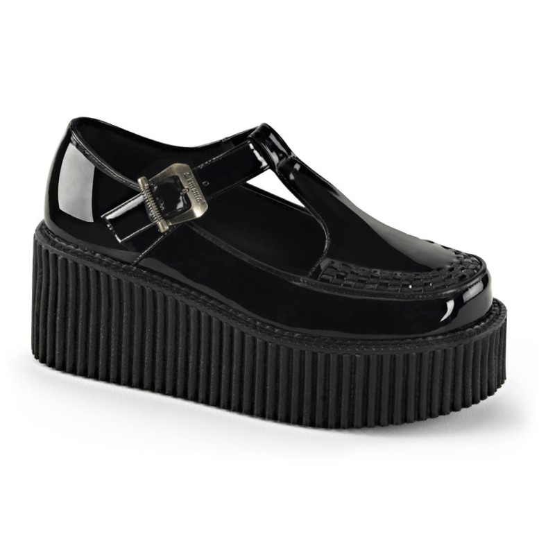 Demonia Creeper 214 Platform T-Strap Naisten Creepers Mustat Suomi | UQ9-10051R1