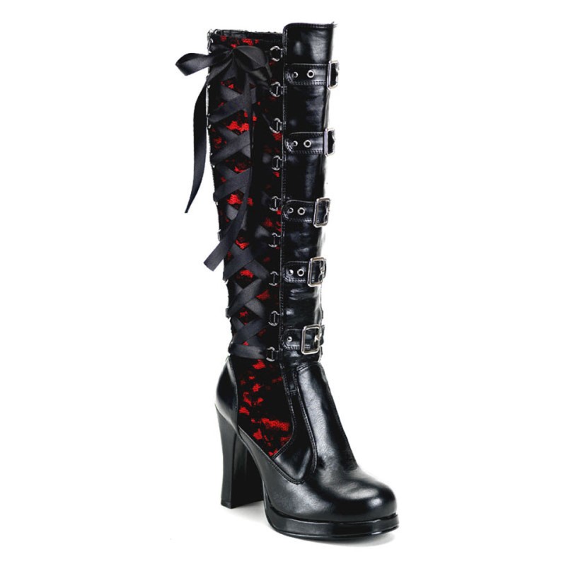 Demonia Crypto 106 Heel Platform Goth Punk Lolita Corseted 5 Buckle Naisten Korkeat Saappaat Mustat Punainen Suomi | WE4-68306T7