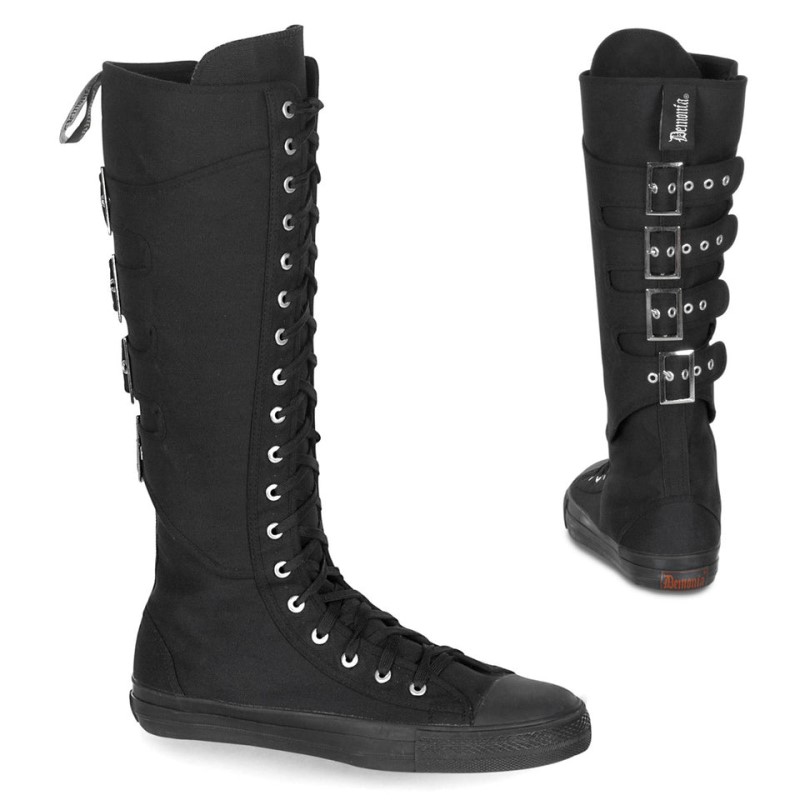 Demonia Deviant 303 Punk Goth Skater Canvas 4 Calf Buckle Knee Boot Miesten Tennarit Mustat Suomi | FG9-16691H0