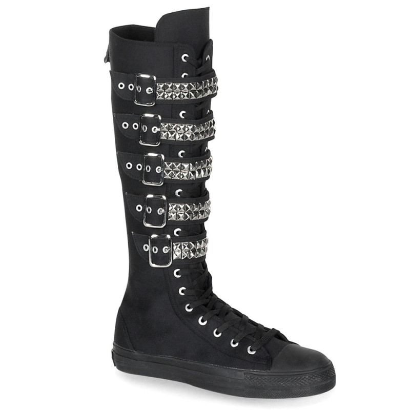 Demonia Deviant 304 Canvas 5 Buckle Strap Knee Boot Miesten Tennarit Mustat Suomi | KL8-87088L0