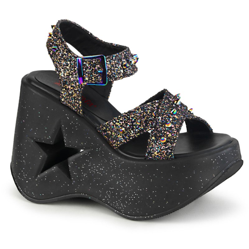 Demonia Dynamite 02 Star Cutout Ankle Criss Cross Strap Platform Wedge Naisten Sandaalit Mustat Monivärinen Suomi | HX4-11161E1