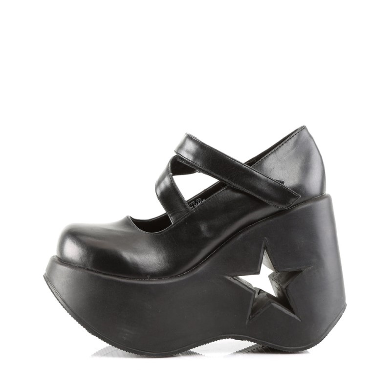 Demonia Dynamite 03 Wedge Heel Star Cutout Goth Punk Lolita Naisten Mary Janes Mustat Suomi | QZ7-16671M1