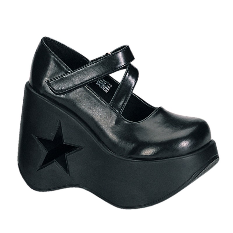 Demonia Dynamite 03 Wedge Heel Star Cutout Goth Punk Lolita Naisten Mary Janes Mustat Suomi | QZ7-16671M1