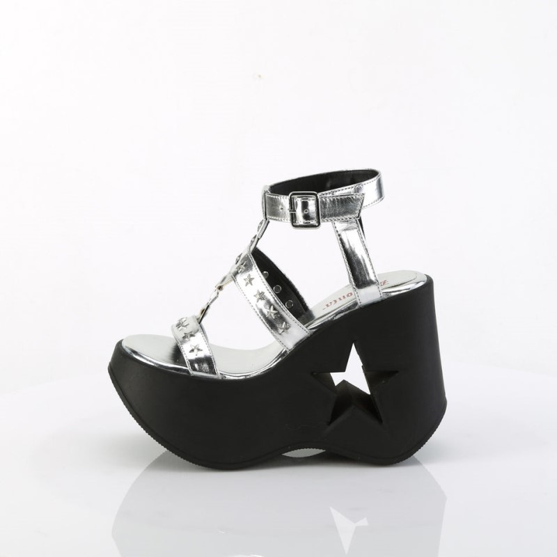 Demonia Dynamite 12 Star Cutout Platform Wedge Wrap Around Ankle Strap Strappy Naisten Sandaalit Hopea Suomi | QI4-70197R5