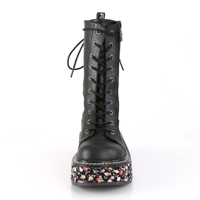 Demonia Emily 350 Floral Fabric Wrapped Platform Lace Up Naisten Mid Saappaat Mustat Kukka Suomi | OK4-77827K0