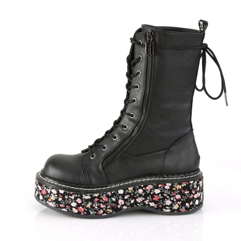 Demonia Emily 350 Floral Fabric Wrapped Platform Lace Up Naisten Mid Saappaat Mustat Kukka Suomi | OK4-77827K0