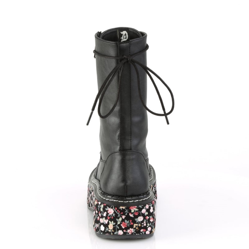 Demonia Emily 350 Floral Fabric Wrapped Platform Lace Up Naisten Mid Saappaat Mustat Kukka Suomi | OK4-77827K0