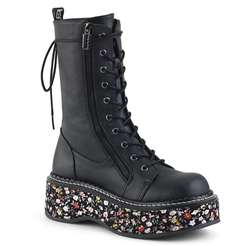 Demonia Emily 350 Floral Fabric Wrapped Platform Lace Up Naisten Mid Saappaat Mustat Kukka Suomi | OK4-77827K0