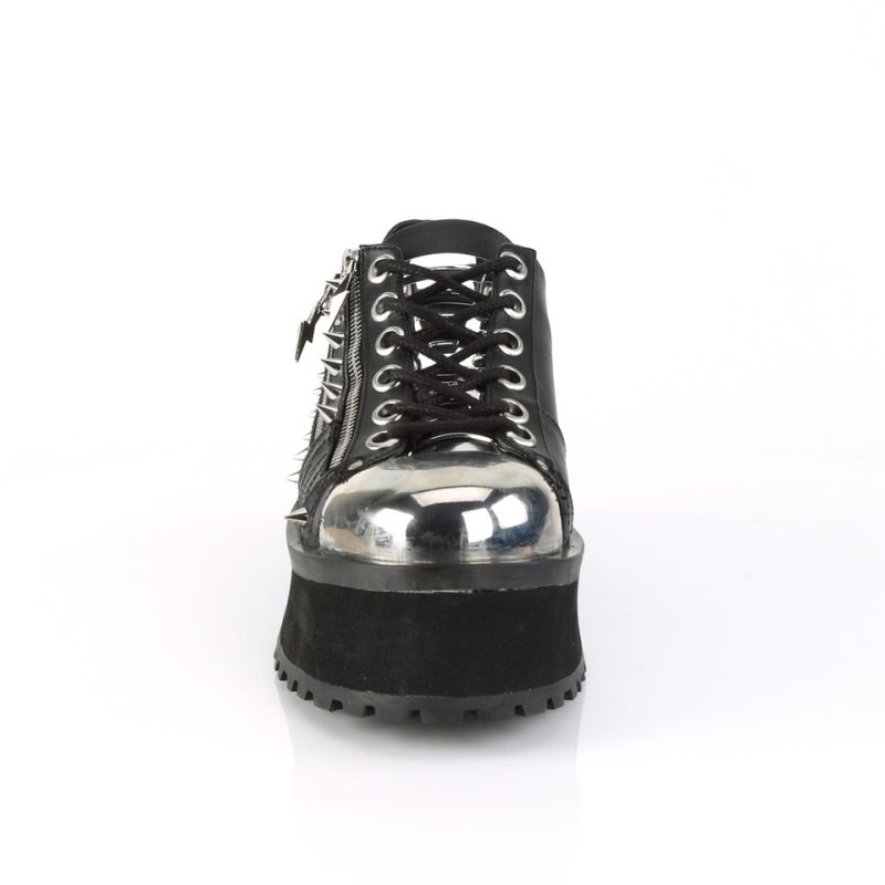 Demonia Gravedigger 04 Platform Silver Chrome Plated Metal Toe Cap Lace Up Naisten Oxford Kengät Mustat Suomi | JQ7-69416V6