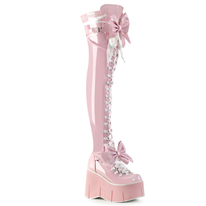 Demonia Kera 303 Wedge Platform D-Ring Lace Up Naisten Polvisaappaat Pinkki Suomi | YK9-73907Z2