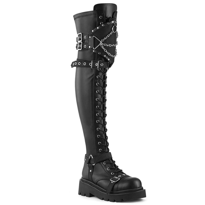 Demonia Renegade 320 Tiered Platform Lace Up Naisten Polvisaappaat Mustat Suomi | FS5-49794S9