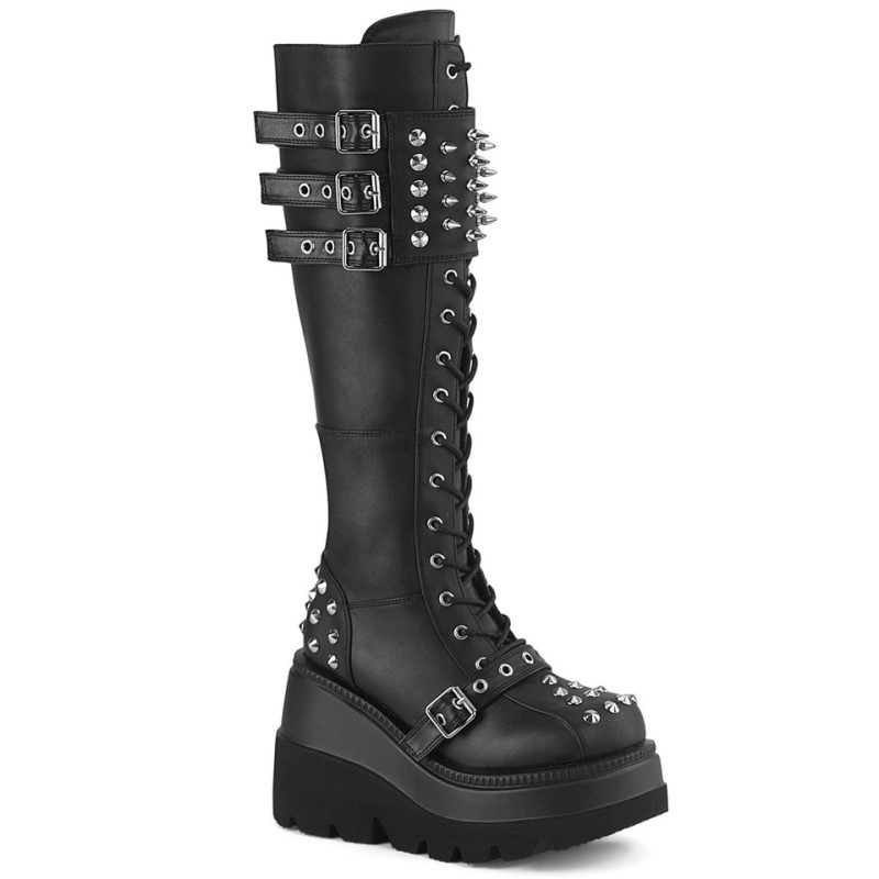 Demonia Shaker 225 Wedge Platform Lace Up Naisten Korkeat Saappaat Mustat Suomi | NA0-28782D1