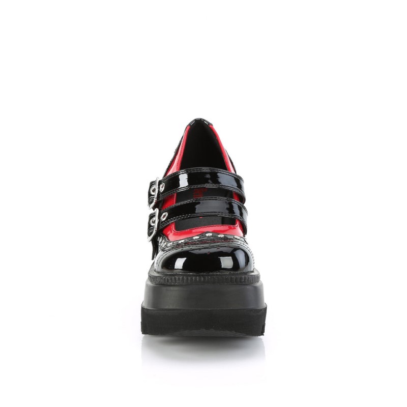 Demonia Shaker 27 Wedge Platform Double Buckle Strap Wingtip Naisten Mary Janes Mustat Punainen Suomi | WQ0-10701Q9