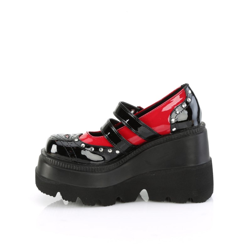 Demonia Shaker 27 Wedge Platform Double Buckle Strap Wingtip Naisten Mary Janes Mustat Punainen Suomi | WQ0-10701Q9