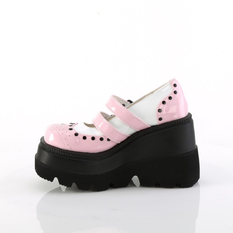 Demonia Shaker 27 Wedge Platform Double Buckle Strap Wingtip Naisten Mary Janes Pinkki Valkoinen Suomi | WY8-82988X3