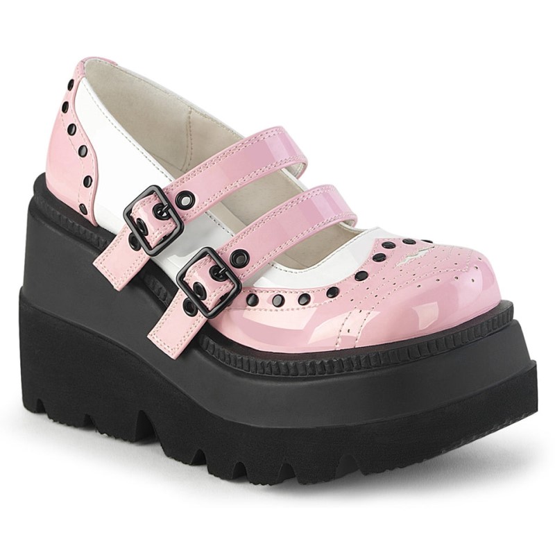 Demonia Shaker 27 Wedge Platform Double Buckle Strap Wingtip Naisten Mary Janes Pinkki Valkoinen Suomi | WY8-82988X3