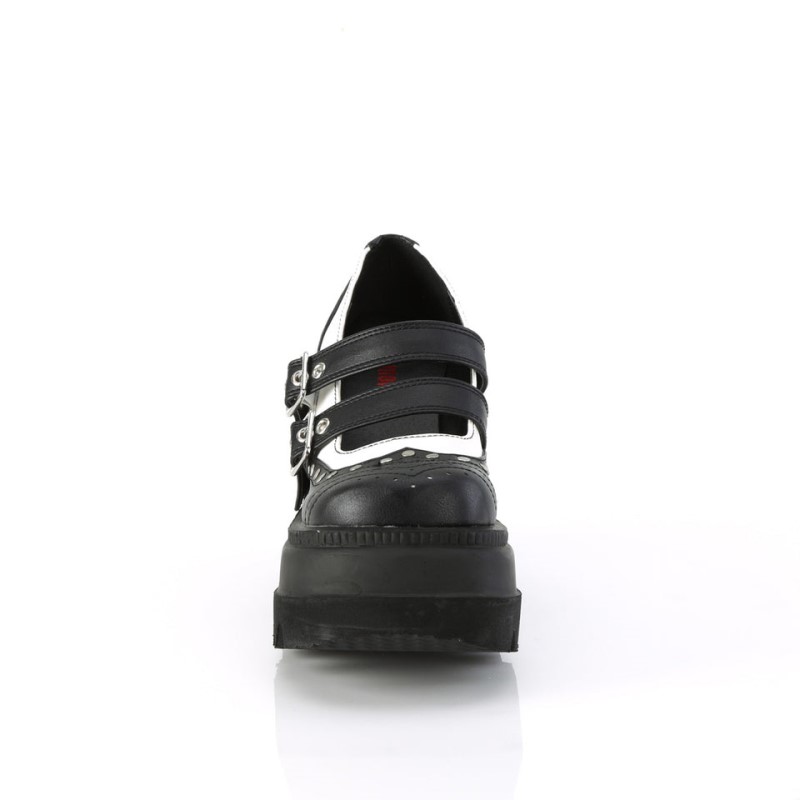 Demonia Shaker 27 Wedge Platform Double Buckle Strap Wingtip Naisten Mary Janes Mustat Valkoinen Suomi | KM8-20482P3