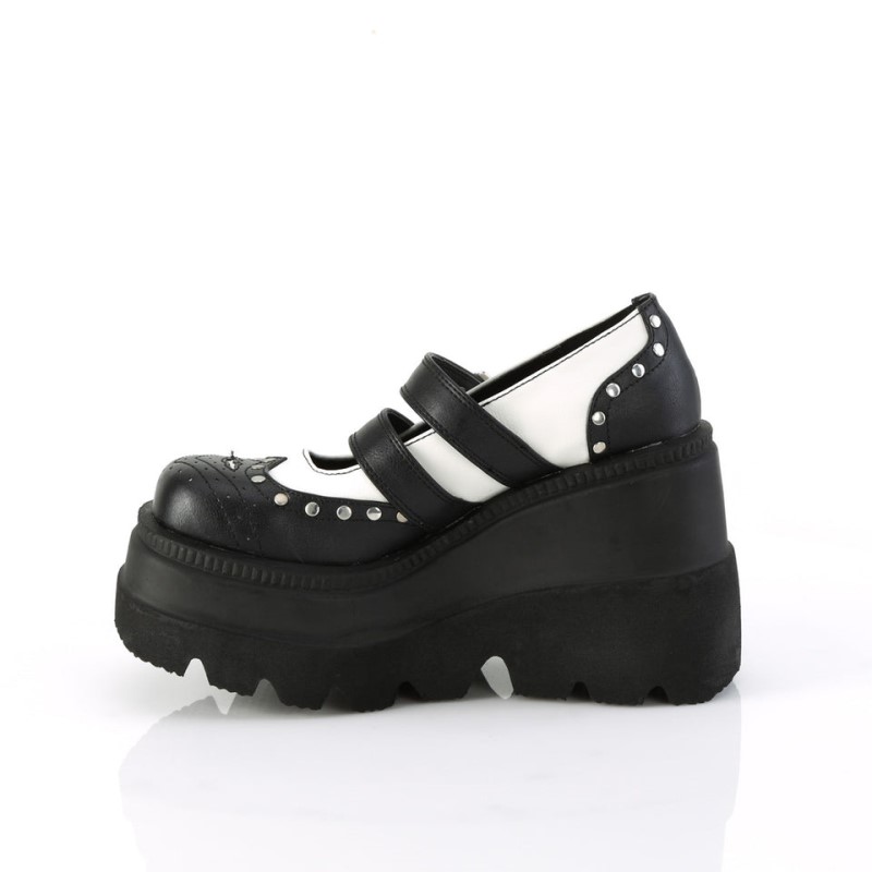 Demonia Shaker 27 Wedge Platform Double Buckle Strap Wingtip Naisten Mary Janes Mustat Valkoinen Suomi | KM8-20482P3