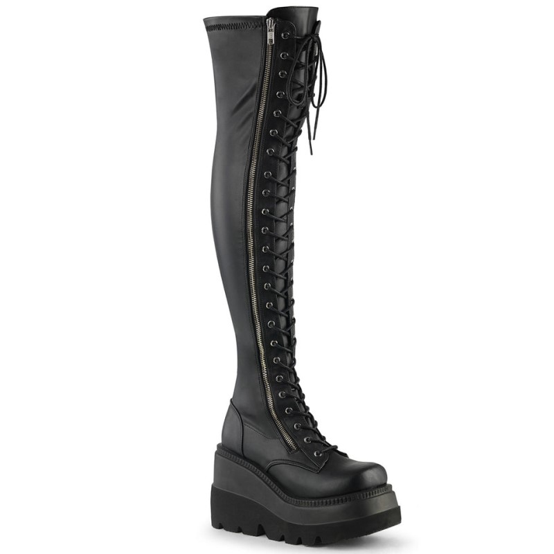 Demonia Shaker 374 Platform Lace Up Stretch Naisten Polvisaappaat Mustat Suomi | NV4-01050G5