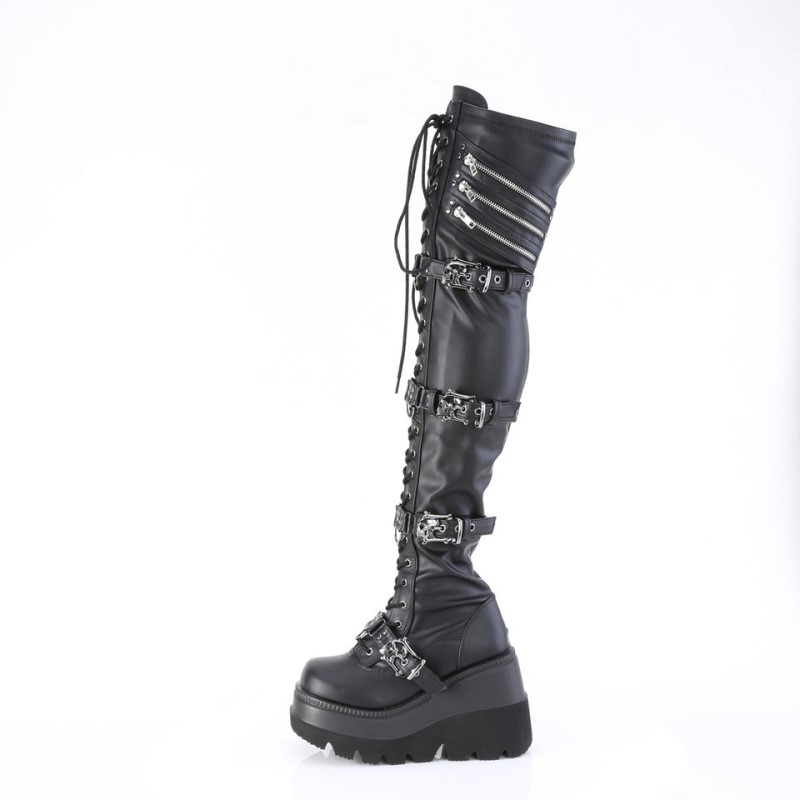 Demonia Shaker 420 Platform Lace Up Stretch Naisten Polvisaappaat Mustat Suomi | ZH0-27822K6