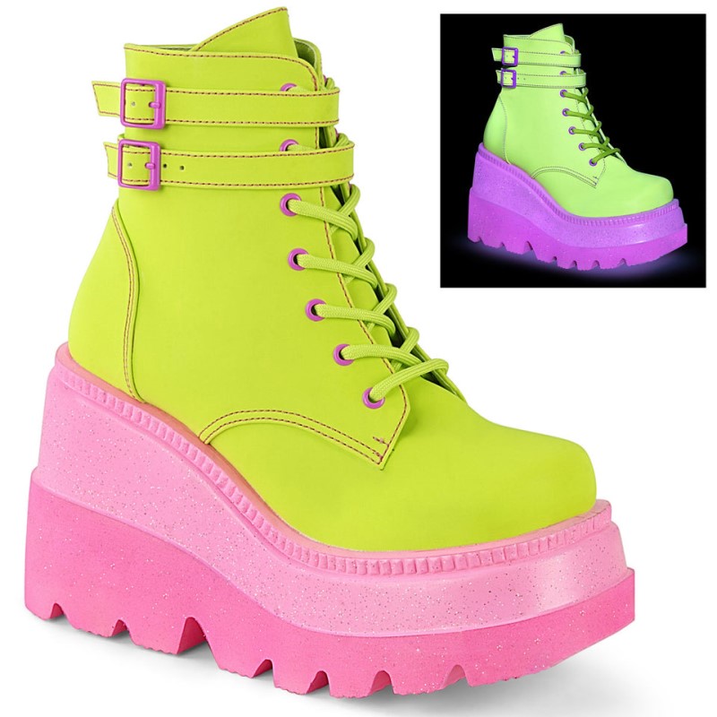 Demonia Shaker 52 Wedge UV Blacklight Reactive Platform Lace Up Naisten Nilkkurit Vaaleanvihreä Pinkki Suomi | HG0-76217F6