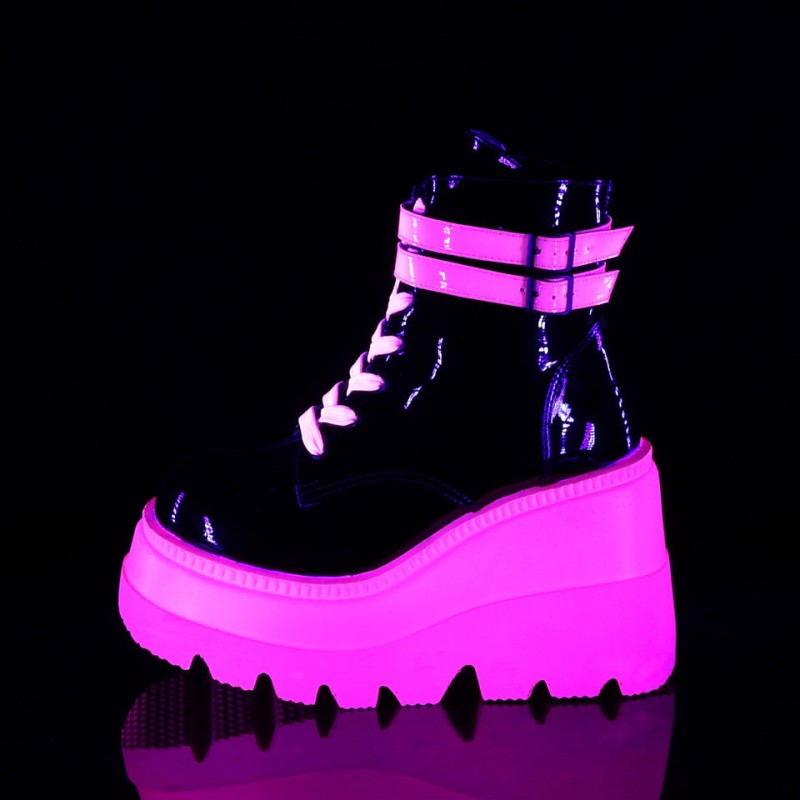 Demonia Shaker 52 Wedge UV Blacklight Reactive Platform Lace Up Naisten Nilkkurit Mustat Pinkki Suomi | YZ2-78617Q7