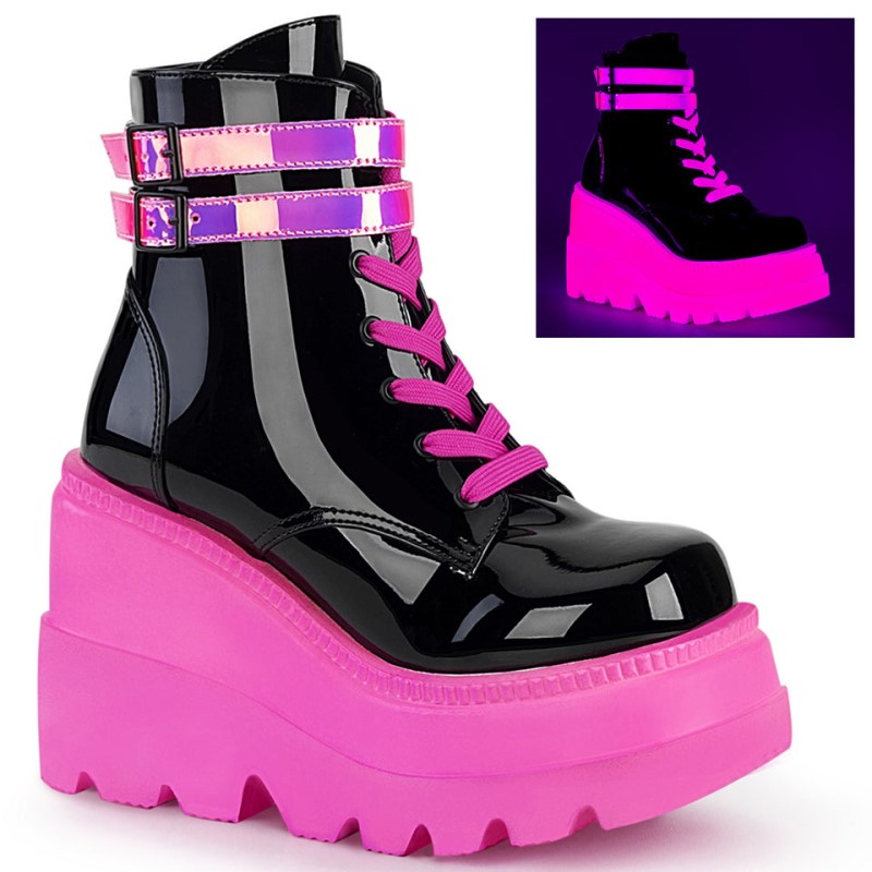 Demonia Shaker 52 Wedge UV Blacklight Reactive Platform Lace Up Naisten Nilkkurit Mustat Pinkki Suomi | YZ2-78617Q7