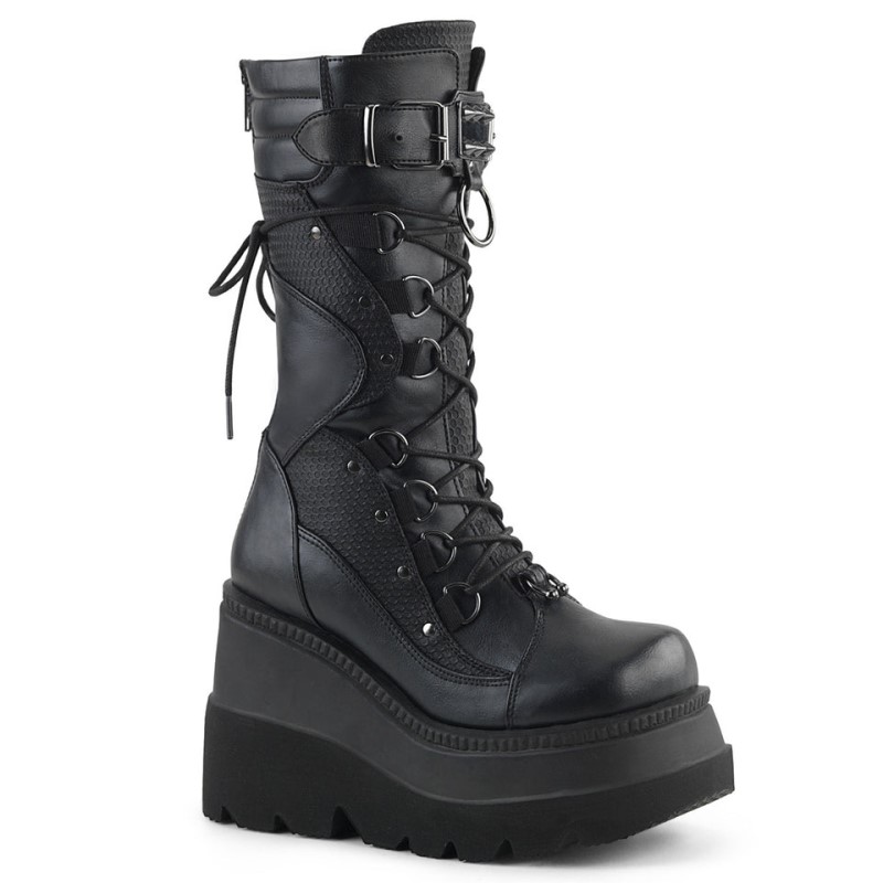 Demonia Shaker 70 Wedge Platform Lace Up Naisten Mid Saappaat Mustat Suomi | FG8-38563O1