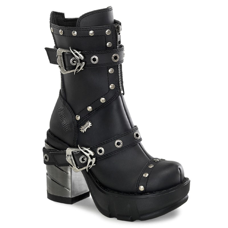 Demonia Sinister 201 Chromed Heel Molded Platform Multi Strap Studded Naisten Nilkkurit Mustat Suomi | EJ9-53945U2