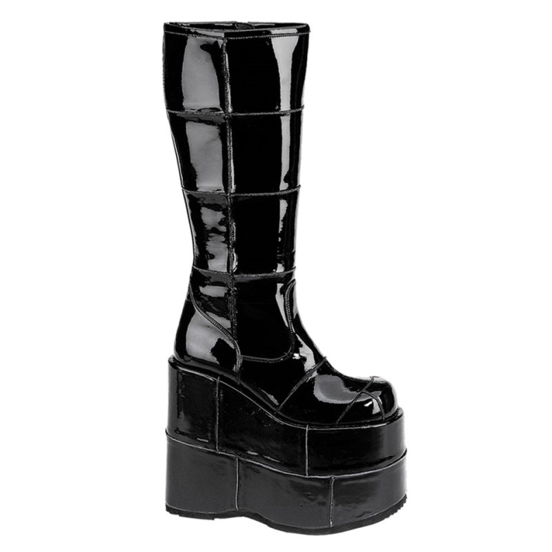 Demonia Stack 301 Platform Goth Cyber Gogo Punk Patched Naisten Korkeat Saappaat Mustat Mustat Suomi | JC9-51725D0