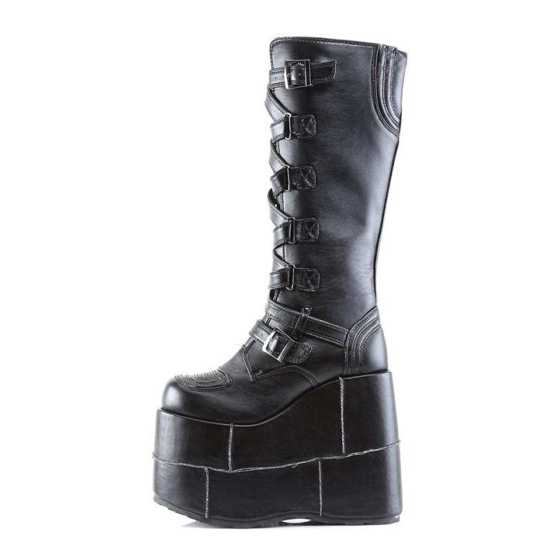 Demonia Stack 308 Platform Goth Cyber Gogo Punk Zig Zag Strap Naisten Korkeat Saappaat Mustat Suomi | QG8-26092Y4