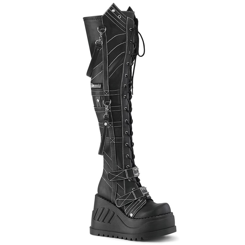 Demonia Stomp 310 Wedge Platform Stretch Lace Up Naisten Polvisaappaat Mustat Suomi | XP1-36263K5