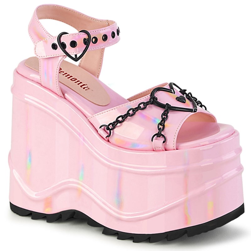 Demonia Wave 09 Wedge Platform Heart Buckle Ankle Strap Naisten Sandaalit Pinkki Suomi | HD4-80998A3