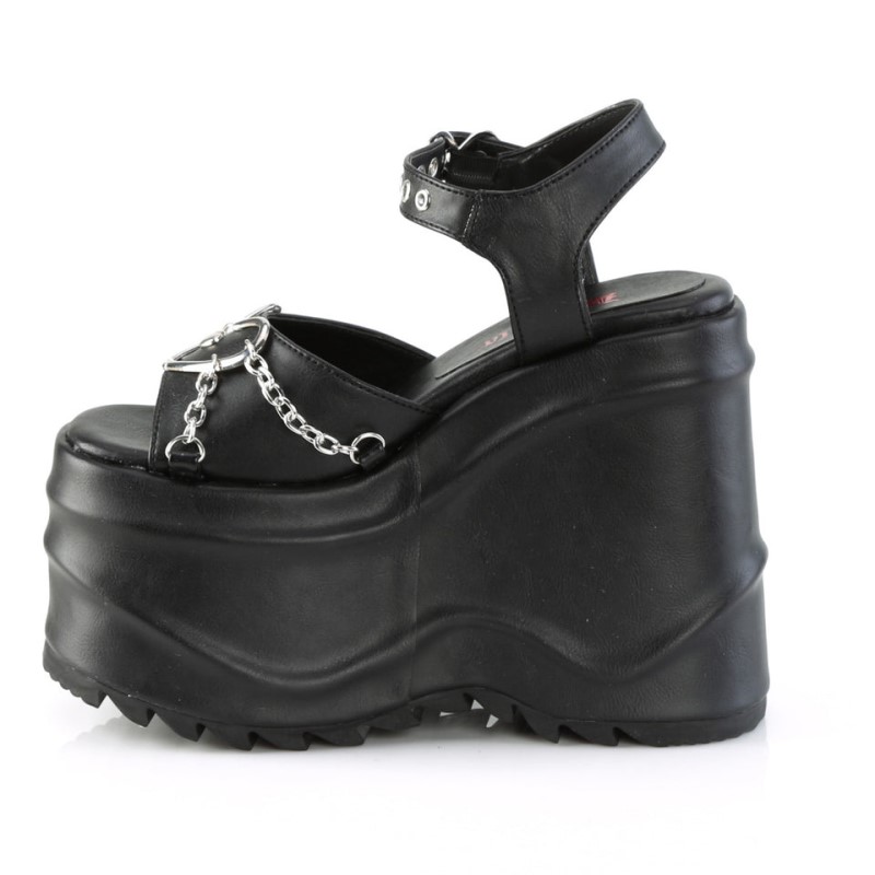 Demonia Wave 09 Wedge Platform Heart Buckle Ankle Strap Naisten Sandaalit Mustat Mustat Suomi | OR6-27202Y8