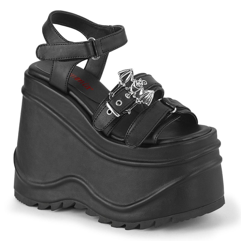 Demonia Wave 13 Wedge Platform Hook & Loop Ankle Strap Naisten Sandaalit Mustat Suomi | OS0-63026W2