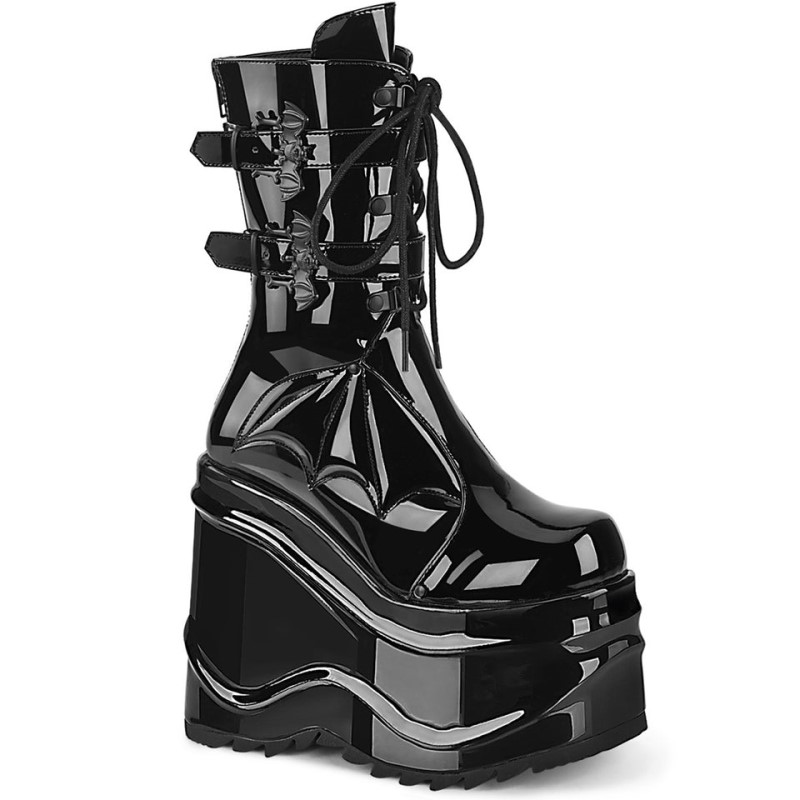 Demonia Wave 150 Wedge Platform Lace Up Naisten Mid Saappaat Mustat Mustat Suomi | BI2-21472T4