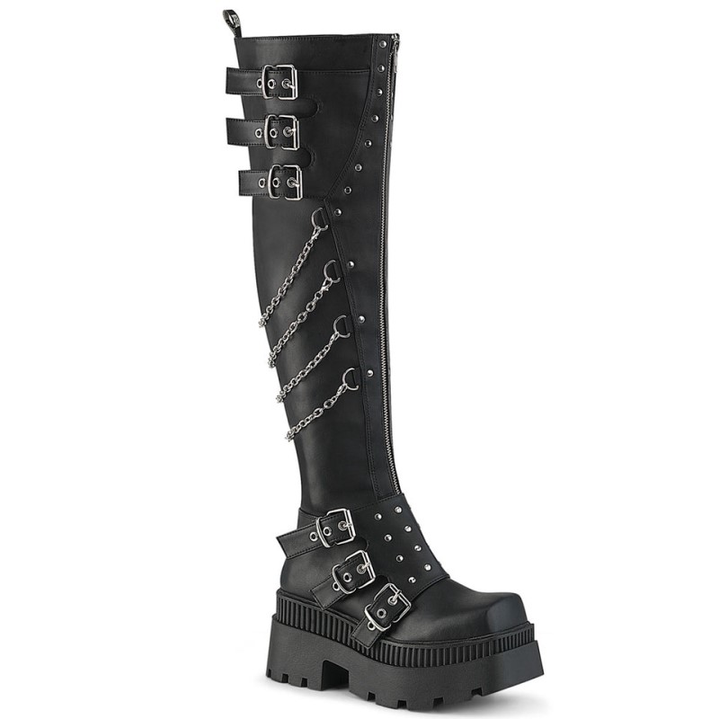 Demonia Wrath 310 Chunky Heel Square-Toe Platform Naisten Polvisaappaat Mustat Suomi | WI5-68516X6